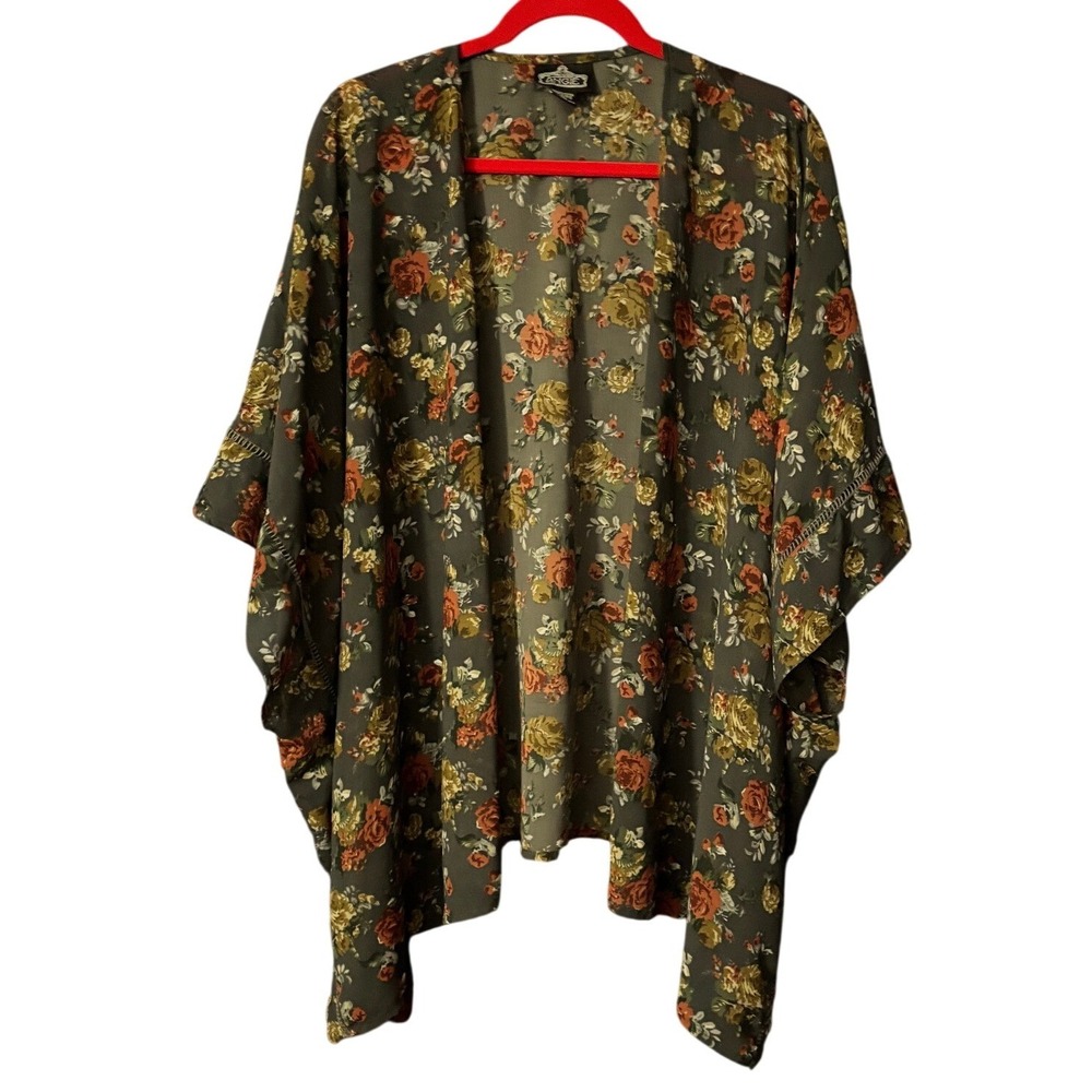 Angie Oversized Sheer Kimono Floral Green Open Front Crochet Detail Boho Top 1X